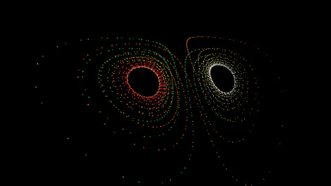 50 motion-curated chaotic attractors from dysts rendered with 2,000 retained HTML and CSS points using PolyCSS.