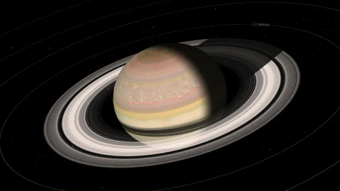Saturn from css.earth as a CSS 3D scene: a globe of 448 faces, its rings and shadows, and five moons turning in their orbits.